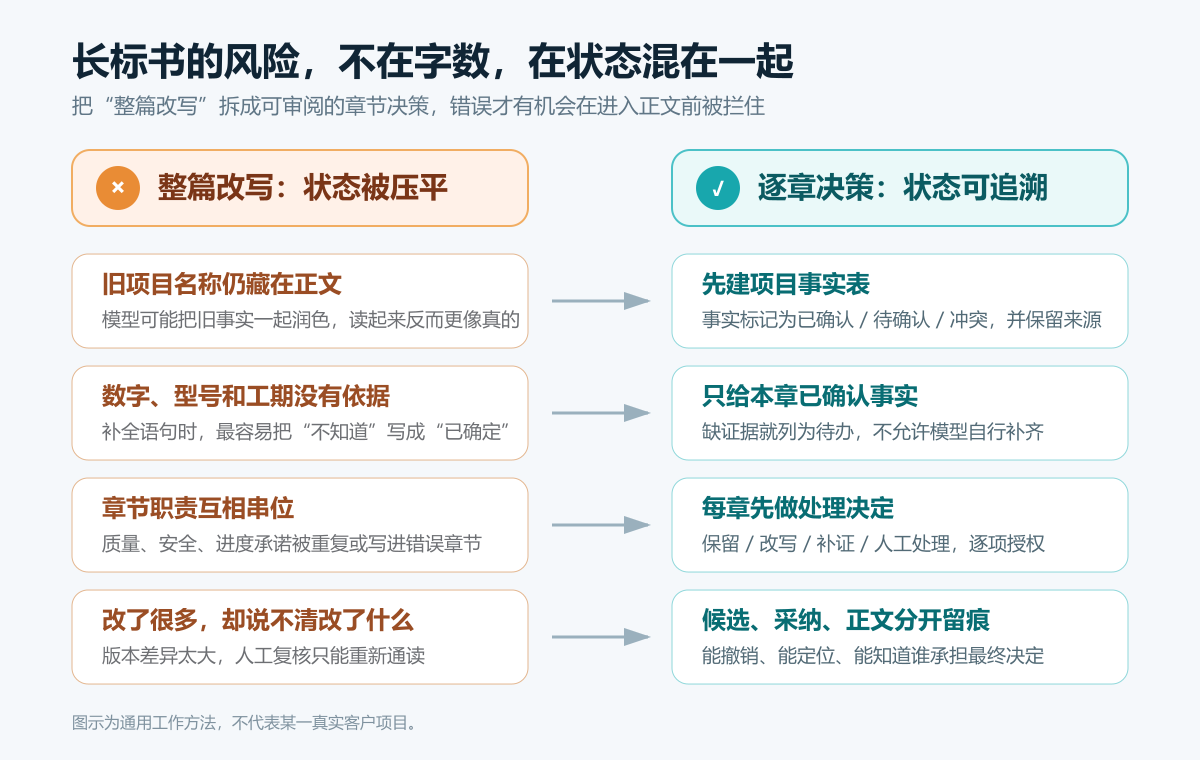 图 1:长标书整篇改写与逐章决策的风险差异