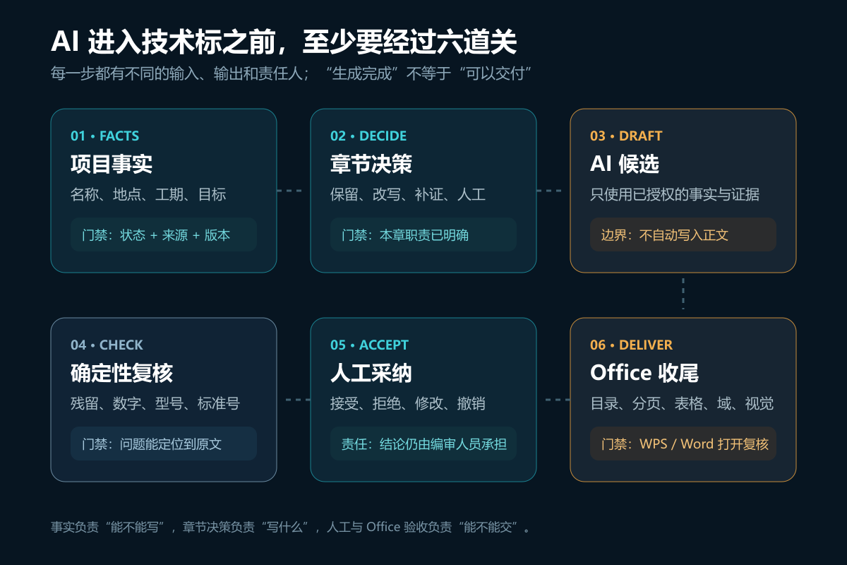 图 2:技术标从项目事实到 Office 收尾的六阶段门禁