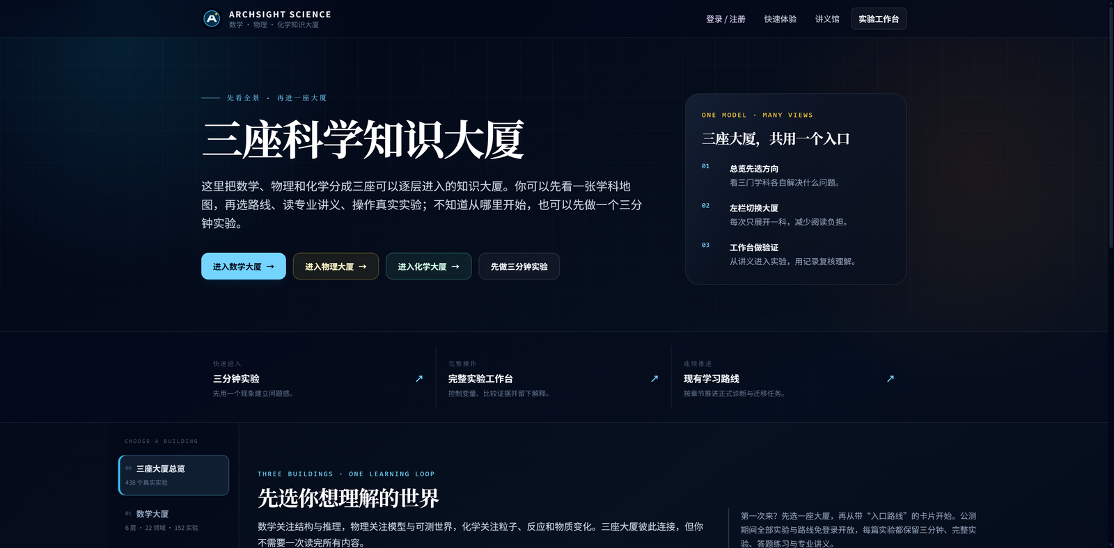 图 1 ArchSight Science v1.5.0 首页:从同一个入口进入数学、物理和化学三座知识大厦