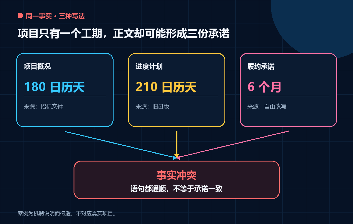 图 1 同一个项目工期在不同章节发生漂移