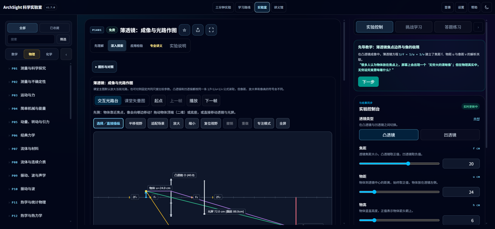 图 3  薄透镜成像的光路、器件和参数工作区